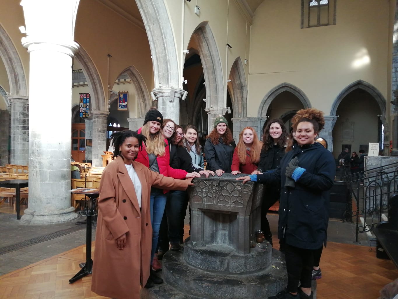 A group of students inside a church.