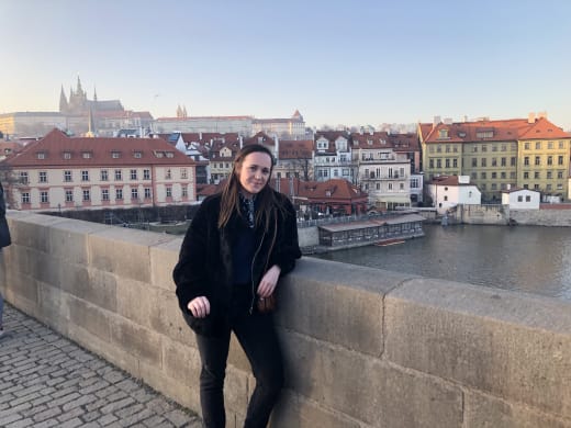 A student on a bridge in Budapest, Hungary.