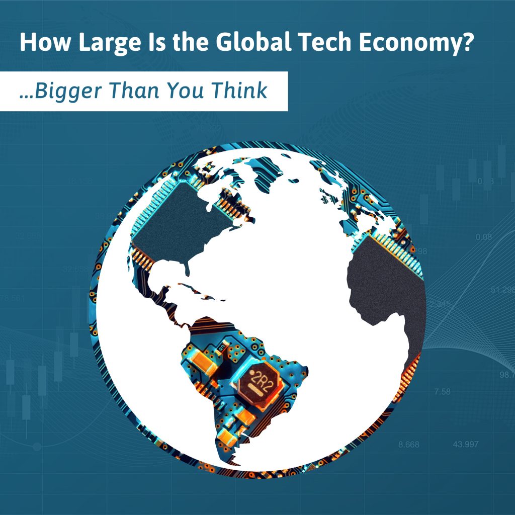 a graphic of the world underlaid by tech hardware, representing the global tech economy