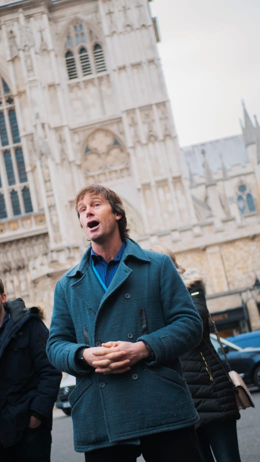 A student singing in London.