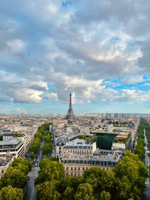 An aerial view of Paris and the Eiffel Tower.