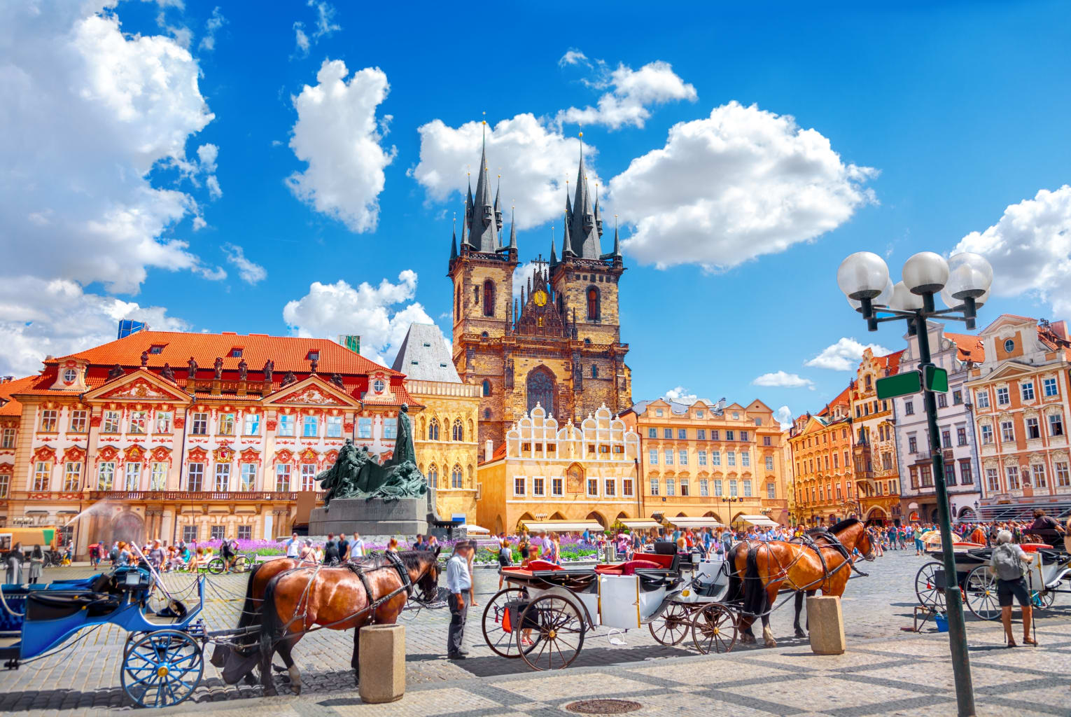 Large buildings in the heart of Prague, Czech Republic.