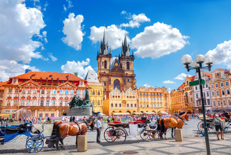 Large buildings in the heart of Prague, Czech Republic.