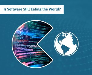 A depiction of Pac-Man shaped software eating the globe.