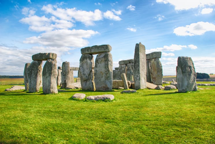 Stone pillars on a field in Stonehenge.